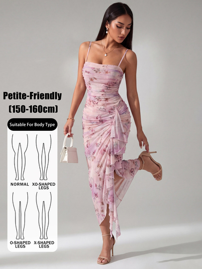 SHEIN PETITE Women's Vintage Sexy Light Pink Butterfly Print Ruched Ruffle Hem Asymmetrical Hem Dress Summer Dresses For Petite Party