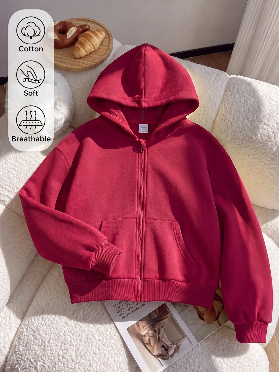 SHEIN Teen Girls Spring/Autumn Casual Versatile Regular Loose Fit Korean Style Red Cotton Blend Open Front Sweatshirt Jacket, Back To School Season, Suitable For Shopping And Outings