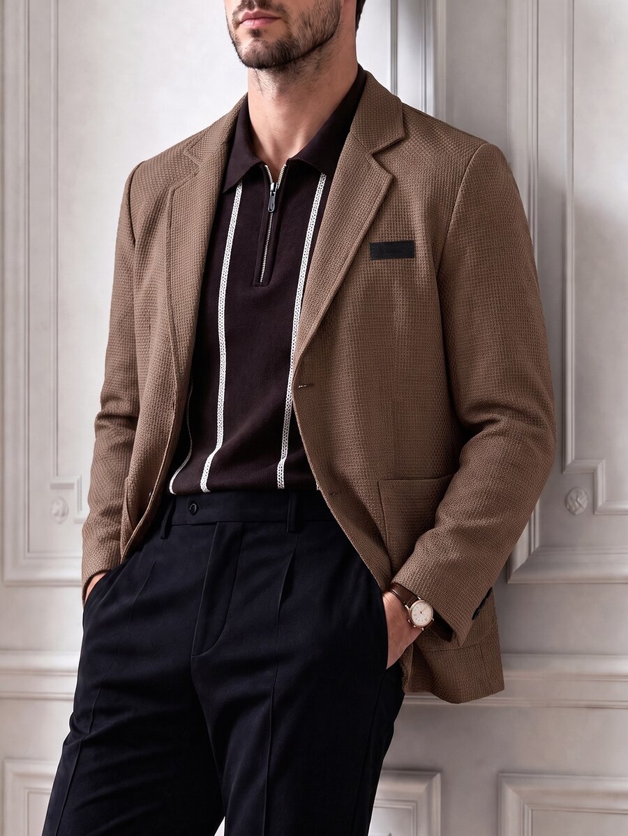 Core Aspect Men's Old Money Coffee Brown Loose Casual Blazer, Coarse Wool Fabric, Versatile For Commuting, Dating, Weekend - Coffee Brown - View 1