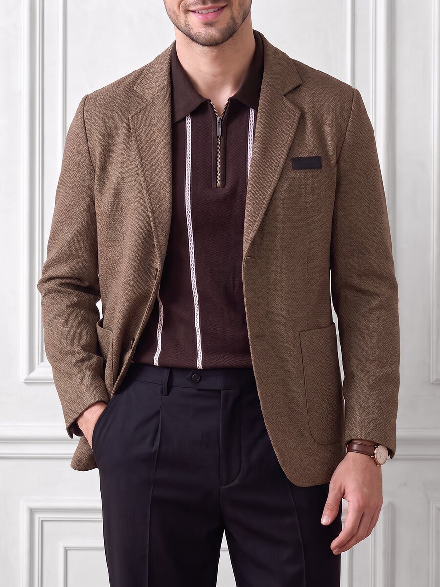 Core Aspect Men's Old Money Coffee Brown Loose Casual Blazer, Coarse Wool Fabric, Versatile For Commuting, Dating, Weekend - Coffee Brown - View 1