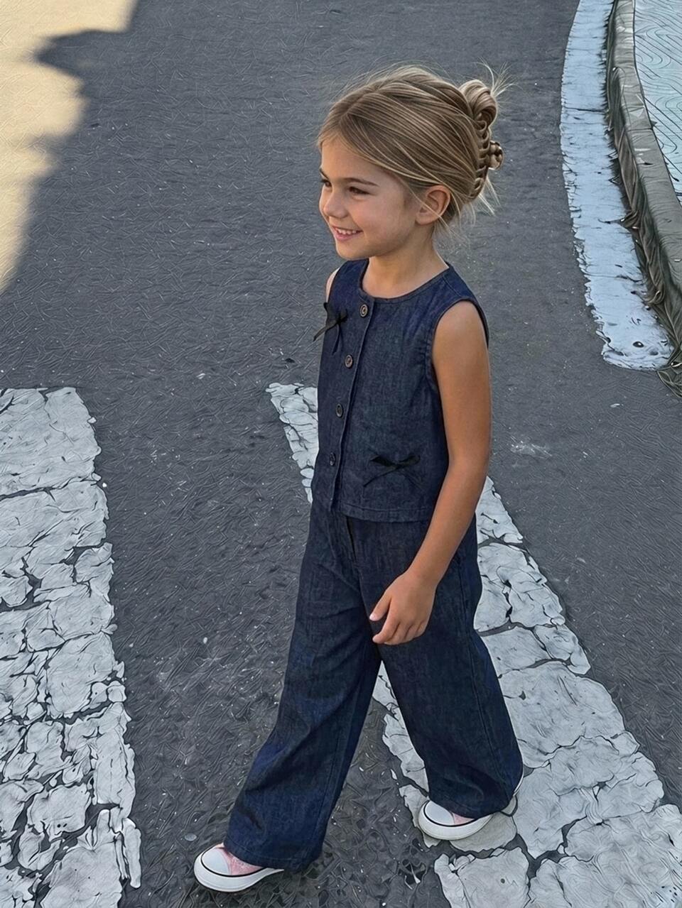 Sleeveless Bow Decor Denim Top + Straight Leg Pants Set For Young Girls Denim Outfit Fall