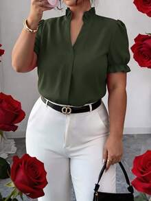 Elenzga Plus Size Elegant Casual Commuter Solid Color Lapel Collar Blouse Teachers' Day Office Work Olive Green Summer Autumn - Army Green - View 5
