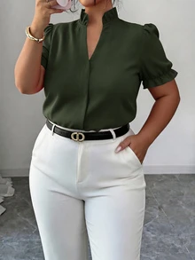 Elenzga Plus Size Elegant Casual Commuter Solid Color Lapel Collar Blouse Teachers' Day Office Work Olive Green Summer Autumn - Army Green - View 3