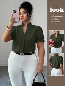 Elenzga Plus Size Elegant Casual Commuter Solid Color Lapel Collar Blouse Teachers' Day Office Work Olive Green Summer Autumn - Army Green - View 1