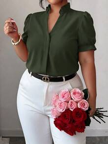 Elenzga Plus Size Elegant Casual Commuter Solid Color Lapel Collar Blouse Teachers' Day Office Work Olive Green Summer Autumn - Army Green - View 4