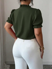 Elenzga Plus Size Elegant Casual Commuter Solid Color Lapel Collar Blouse Teachers' Day Office Work Olive Green Summer Autumn - Army Green - View 2