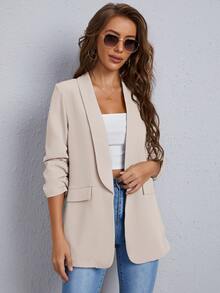 SHEIN Cottnline بليزر وردي خريفي بمقاس كبير، لون موحد، كاجوال أنيق للمكتب والرسميات، بياقة مسننة وتفاصيل جيب وهمي بغطاء - لون مشمشي - مشاهدة 8
