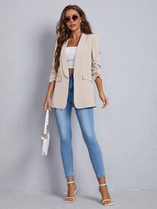 SHEIN Cottnline بليزر وردي خريفي بمقاس كبير، لون موحد، كاجوال أنيق للمكتب والرسميات، بياقة مسننة وتفاصيل جيب وهمي بغطاء - لون مشمشي - مشاهدة 5