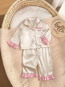SHEIN Newborn Cute Satin Colorblock Loungewear Set - Beige - View 4