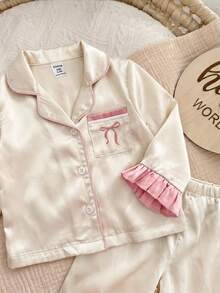 SHEIN Newborn Cute Satin Colorblock Loungewear Set - Beige - View 5