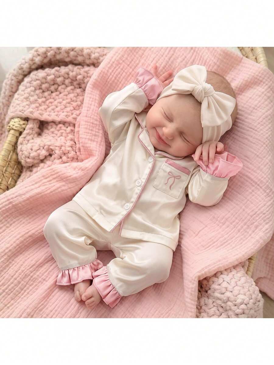 SHEIN Newborn Cute Satin Colorblock Loungewear Set - Beige - View 1