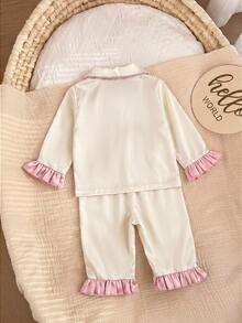 SHEIN Newborn Cute Satin Colorblock Loungewear Set - Beige - View 2