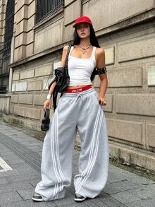 Coolane 女款秋冬街頭風返校校園休閒保暖舒適法式灰色彈性腰弧形下擺長褲 - 灰色 - 查看 4