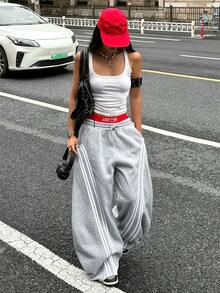 Coolane 女款秋冬街頭風返校校園休閒保暖舒適法式灰色彈性腰弧形下擺長褲 - 灰色 - 查看 5