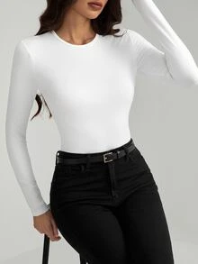 SHEIN Tall 高個女款純色修身春季連身衣 - 白色 - 查看 4