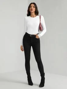 SHEIN Tall 高個女款純色修身春季連身衣 - 白色 - 查看 3