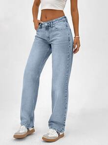 SHEIN Plus High Waist Casual Style Light Blue Regular Fit Button Front Straight Jean Formal Vacation Summer - Medium Wash - View 6