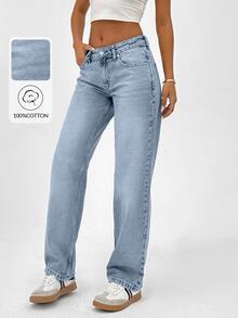 SHEIN Plus High Waist Casual Style Light Blue Regular Fit Button Front Straight Jean Formal Vacation Summer - Medium Wash - View 1