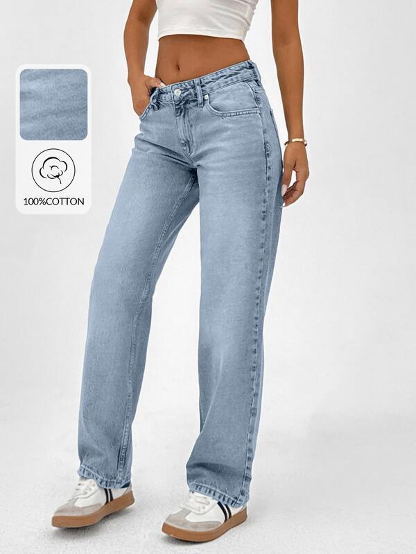 SHEIN بنطلون جينز أزرق فاتح بقصة مستقيمة وخصر عالي وأزرار أمامية، مقاس كبير، بقصة عادية، بأسلوب كاجوال رسمي، مناسب للعطلات والصيف