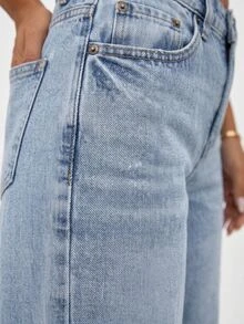 SHEIN Plus High Waist Casual Style Light Blue Regular Fit Button Front Straight Jean Formal Vacation Summer - Medium Wash - View 5