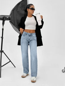 SHEIN Plus High Waist Casual Style Light Blue Regular Fit Button Front Straight Jean Formal Vacation Summer - Medium Wash - View 7