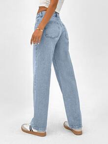 SHEIN Plus High Waist Casual Style Light Blue Regular Fit Button Front Straight Jean Formal Vacation Summer - Medium Wash - View 2