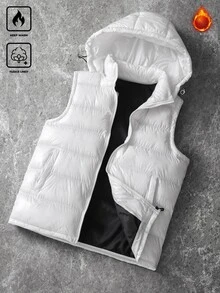 Manfinity EMRG 男士純色前拉鍊連帽背心冬季外套 - 白色 - 查看 1