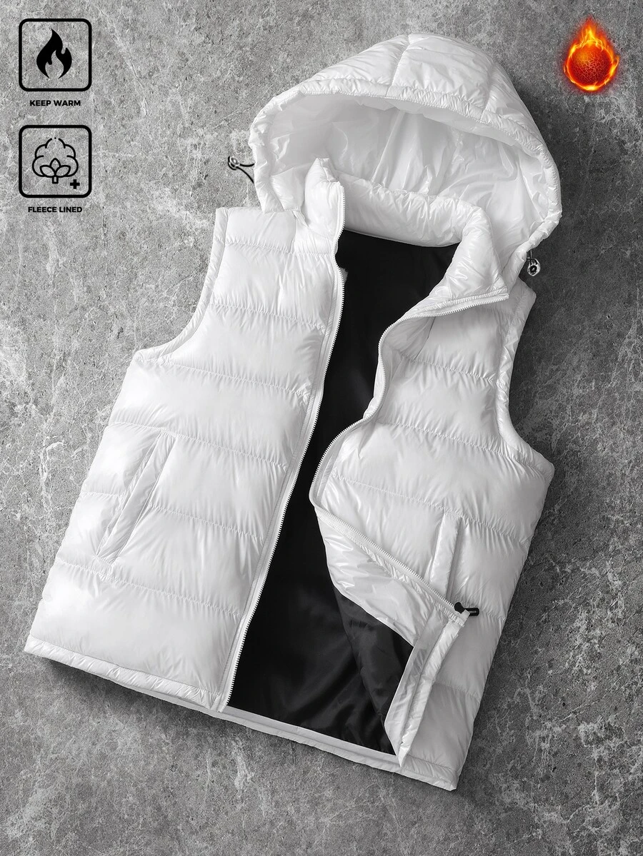 Manfinity EMRG 男士純色前拉鍊連帽背心冬季外套 - 白色 - 查看 1