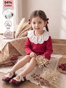 SHEIN Girls' Spring/Autumn Sweet Ruffle Collar Red Cotton Ribbed Long Sleeve Base Layer, Soft Fabric, Back Neck Button For Easy On/Off, Versatile For Vest/Jacket Pairing, Suitable For Shopping, Park, Walking And Outdoor Activities - Red - View 2