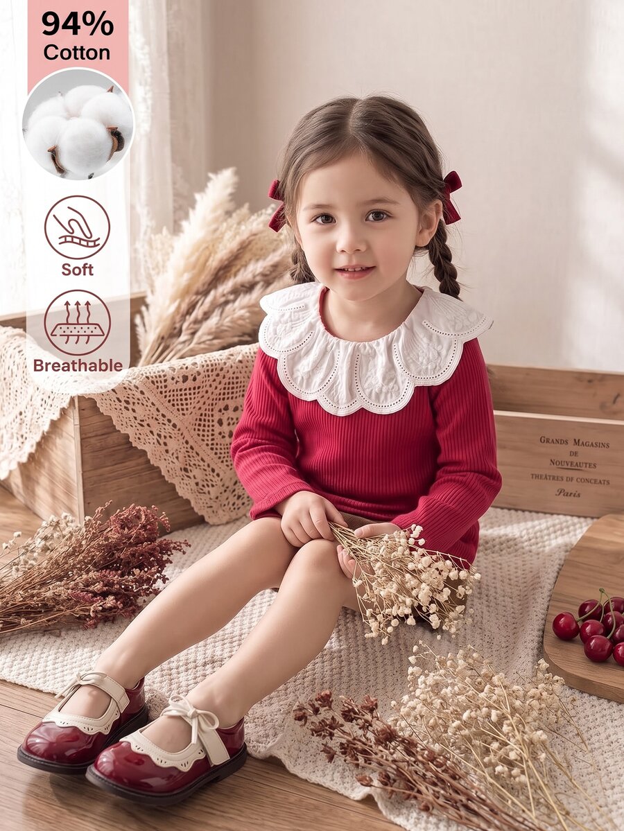 SHEIN Girls' Spring/Autumn Sweet Ruffle Collar Red Cotton Ribbed Long Sleeve Base Layer, Soft Fabric, Back Neck Button For Easy On/Off, Versatile For Vest/Jacket Pairing, Suitable For Shopping, Park, Walking And Outdoor Activities