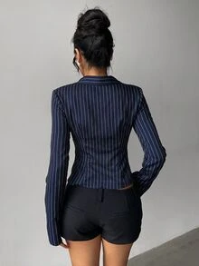 Aloruh 女款優雅通勤辦公室海軍藍白條紋長袖收腰百褶襯衫，女款辦公室襯衫，女款辦公室穿搭 - 藍白色 - 查看 9