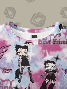 Betty Boop x SHEIN Áo nỉ cổ tròn size lớn in họa tiết hoạt hình tie-dye toàn thân - trắng - Xem 3