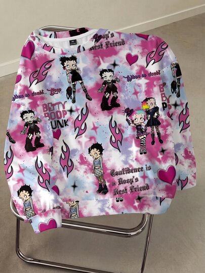Betty Boop x SHEIN プラスサイズ タイダイ柄 カートゥーン総柄 クルーネック スウェットシャツ 秋