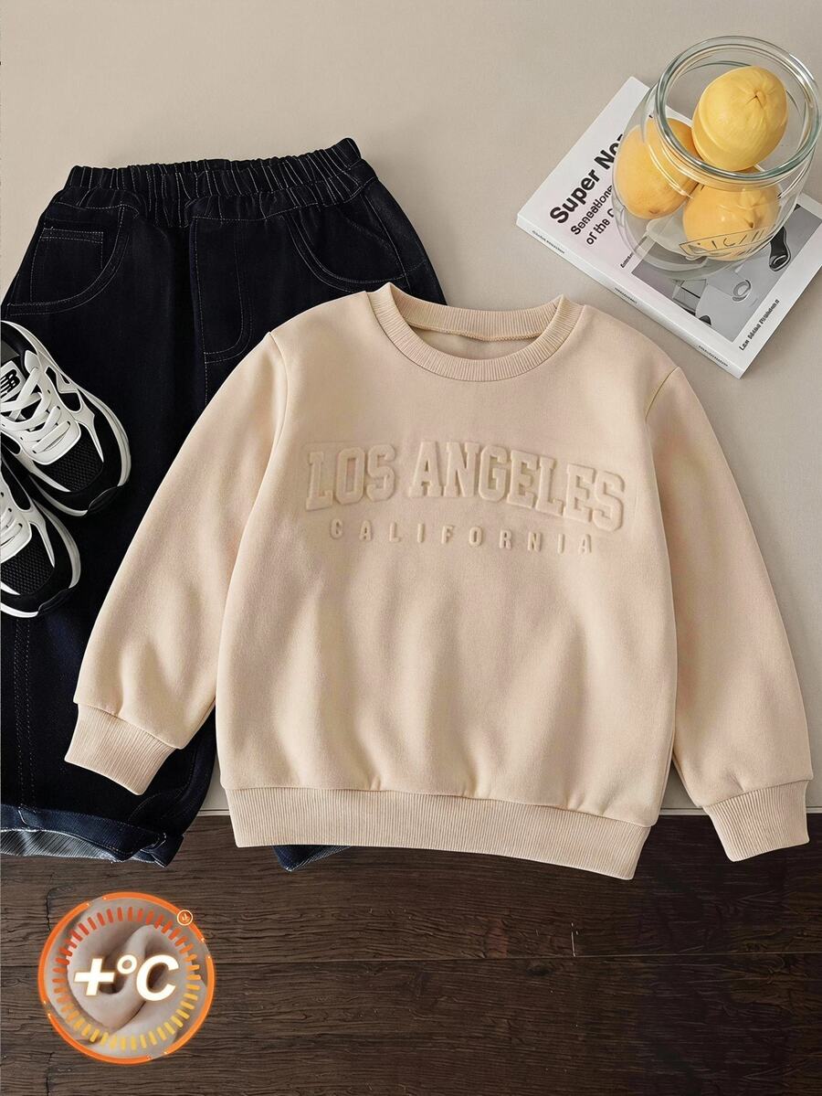 SHEIN Genkimix Kids 男童抓絨內裡圓領套頭衛衣,米色壓紋字母圖案,秋冬款 - 卡其色 - 查看 1