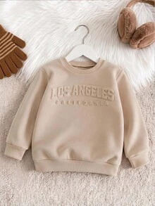 SHEIN Genkimix Kids 男童抓絨內裡圓領套頭衛衣，米色壓紋字母圖案，秋冬款 - 卡其色 - 查看 7