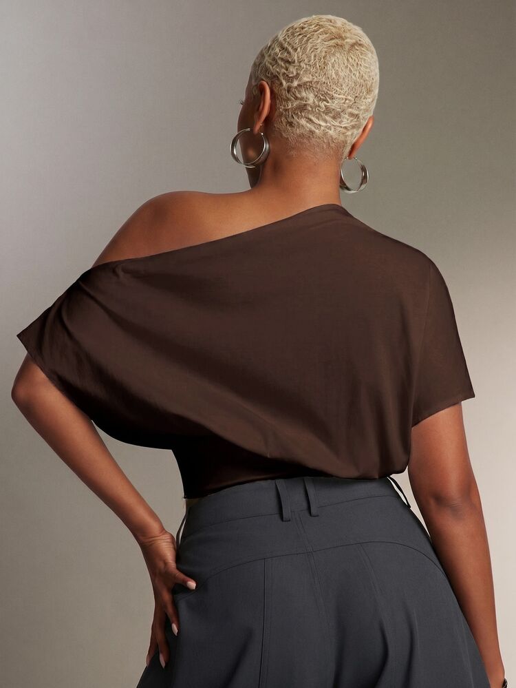 Denimoi Cinched Waist Off Shoulder Top Fashionable Everyday Tops Fashion Tshirt - Coffee Brown - View 4
