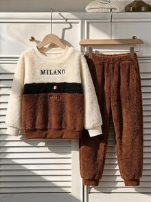 小男孩拼色珊瑚絨套裝 MILANO 字母刺繡毛絨長袖上衣與慢跑褲，休閒日常穿搭，時尚潮流 2 件套，適合秋冬 - 彩色 - 查看 4