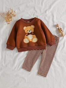 SHEIN 2件組女嬰棕熊印花3D蝴蝶結裝飾圓領長袖套頭衛衣，抓絨內裡加厚上衣 + 鬆緊腰羅紋針織修身顯瘦內搭褲，休閒復古可愛簡約運動韓風套裝，適合秋冬日常穿著、上學、購物及各種場合 - 棕色 - 查看 5