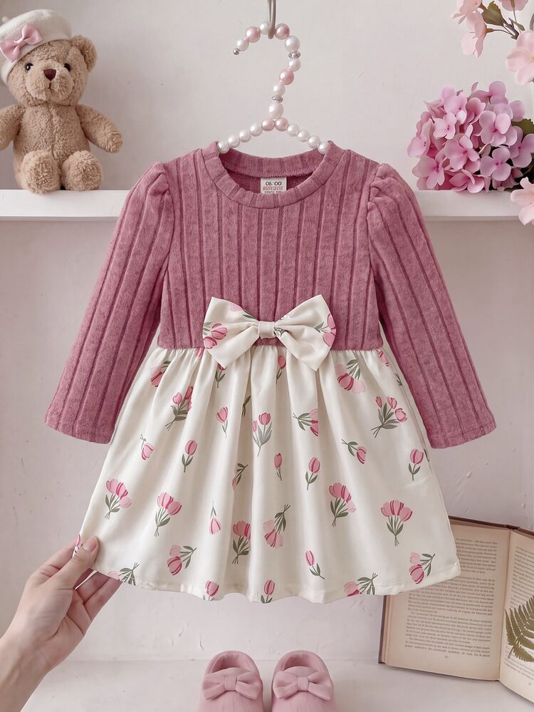 SHEIN 1pc Toddler Baby Girl Sweet Princess Ribbed Knit Patchwork Tulip Floral Big Bow Long Sleeve Puff Sleeve Round Neck A-Line Dress Birthday Party Autumn - Pink - View 8