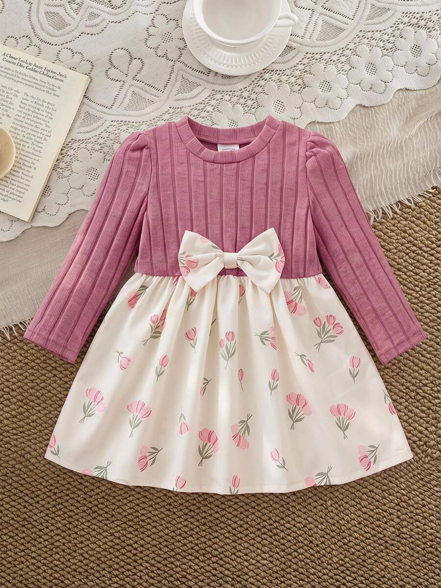 SHEIN 1pc Toddler Baby Girl Sweet Princess Ribbed Knit Patchwork Tulip Floral Big Bow Long Sleeve Puff Sleeve Round Neck A-Line Dress Birthday Party Autumn