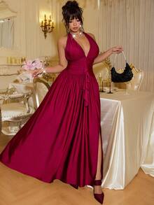 GalTyme Plus Size Women Solid Color Pleated Split Design Casual Party Halter Neck Dress - Red - View 3