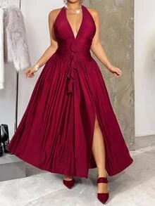GalTyme Plus Size Women Solid Color Pleated Split Design Casual Party Halter Neck Dress - Red - View 1