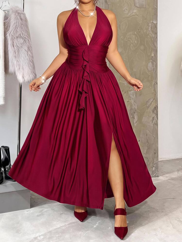 GalTyme Plus Size Women Solid Color Pleated Split Design Casual Party Halter Neck Dress - Red - View 1