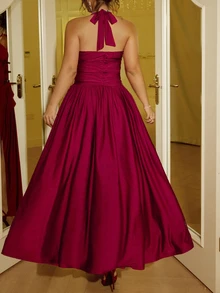 GalTyme Plus Size Women Solid Color Pleated Split Design Casual Party Halter Neck Dress - Red - View 2