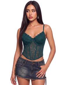 SHEIN ICON 1pc Elegant Solid Color Lace Camisole Top For Summer - Dark Green - View 1