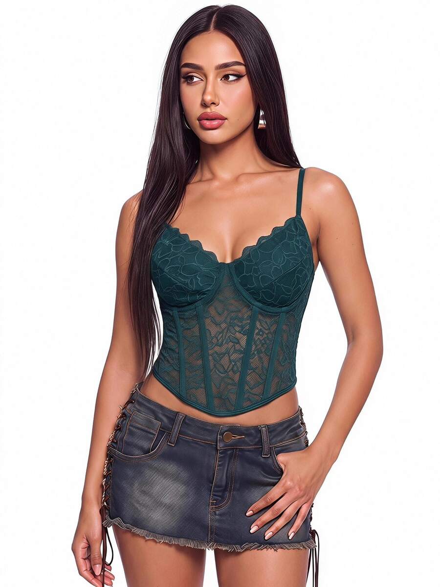 SHEIN ICON 1pc Elegant Solid Color Lace Camisole Top For Summer - Dark Green - View 1