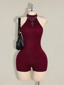 SHEIN ICON 女士黑色露背吊带高领紧身连体裤，休闲基础款 - 酒紅色 - 查看 3