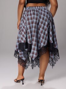Rustia Rok Midi Elegan Motif Kotak-kotak Ukuran Besar dengan Hiasan Renda Kontras untuk Musim Gugur - MultiWarna - View 2