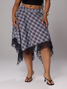 Rustia Rok Midi Elegan Motif Kotak-kotak Ukuran Besar dengan Hiasan Renda Kontras untuk Musim Gugur - MultiWarna - View 4