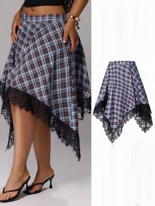 Rustia Rok Midi Elegan Motif Kotak-kotak Ukuran Besar dengan Hiasan Renda Kontras untuk Musim Gugur - MultiWarna - View 1